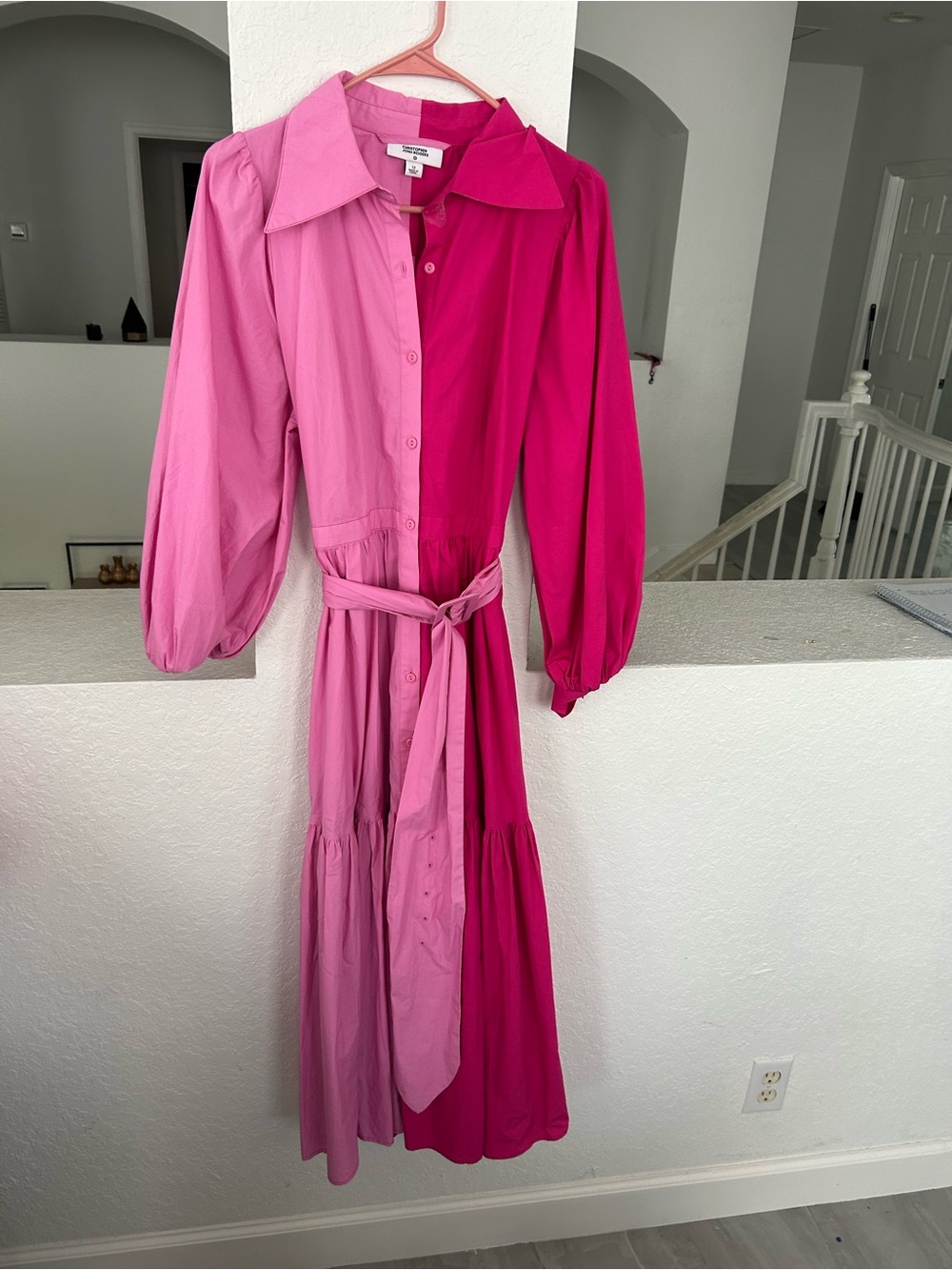 Two-Tone Pink Button-Front Maxi Shirt Dress with Self-Tie Belt